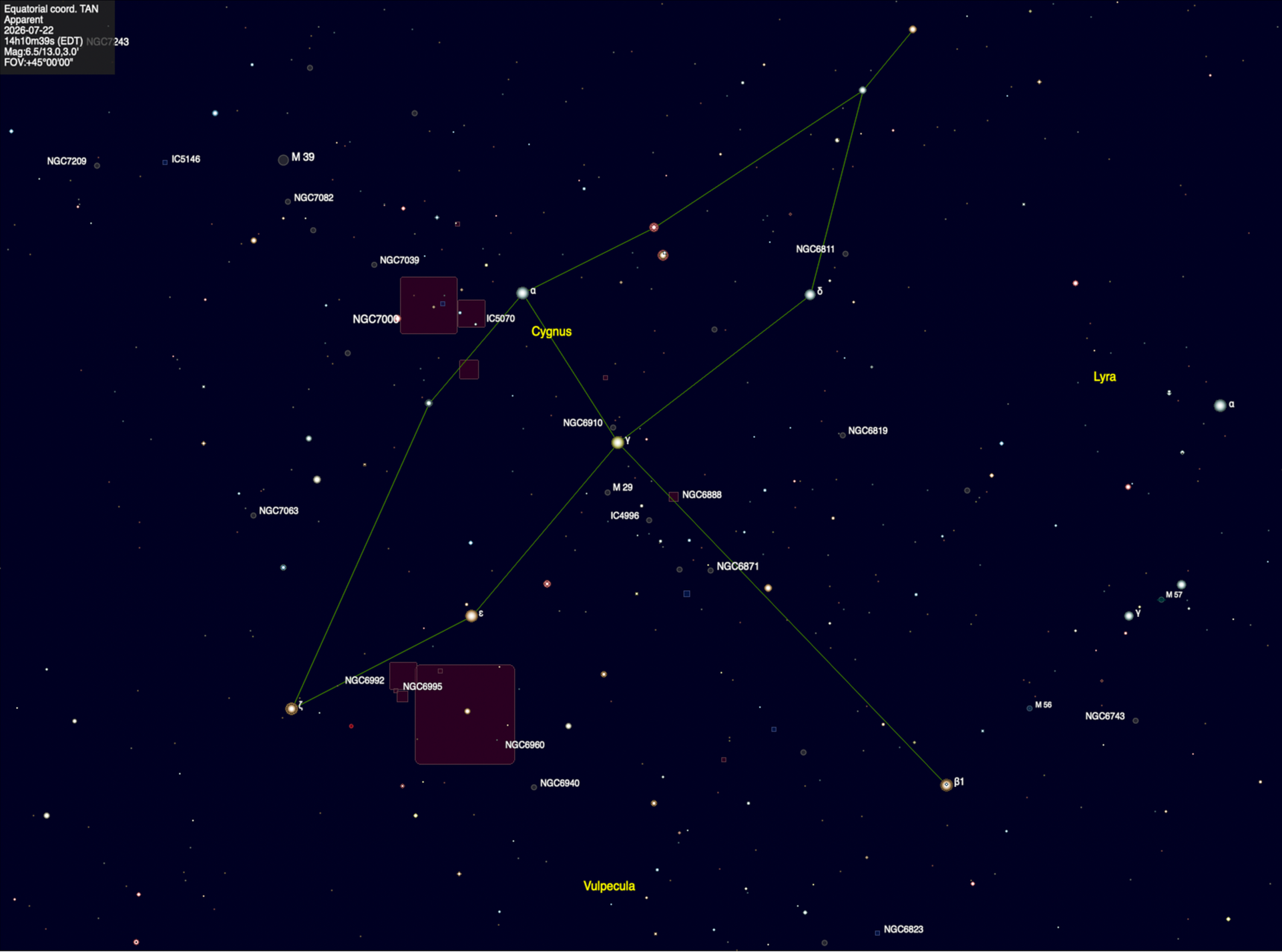 Star chart of the Cygnus–Lyra–Vulpecula region showing major stars, nebulae, and clusters