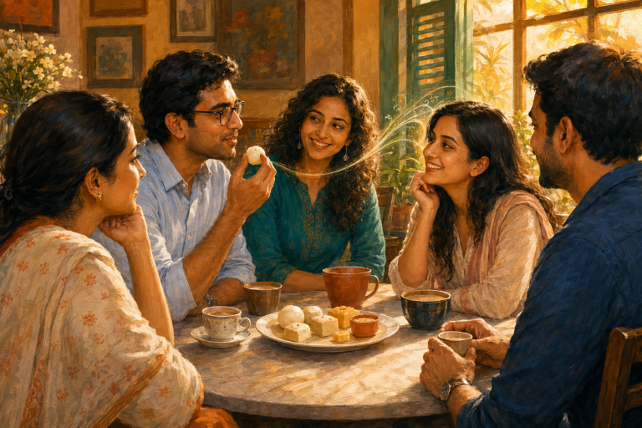 Sharing mishti is more than a culinary pleasure. The taste of sweetness may subtly tune the brain to notice positive facial expressions during social interaction. AI-generated illustration.